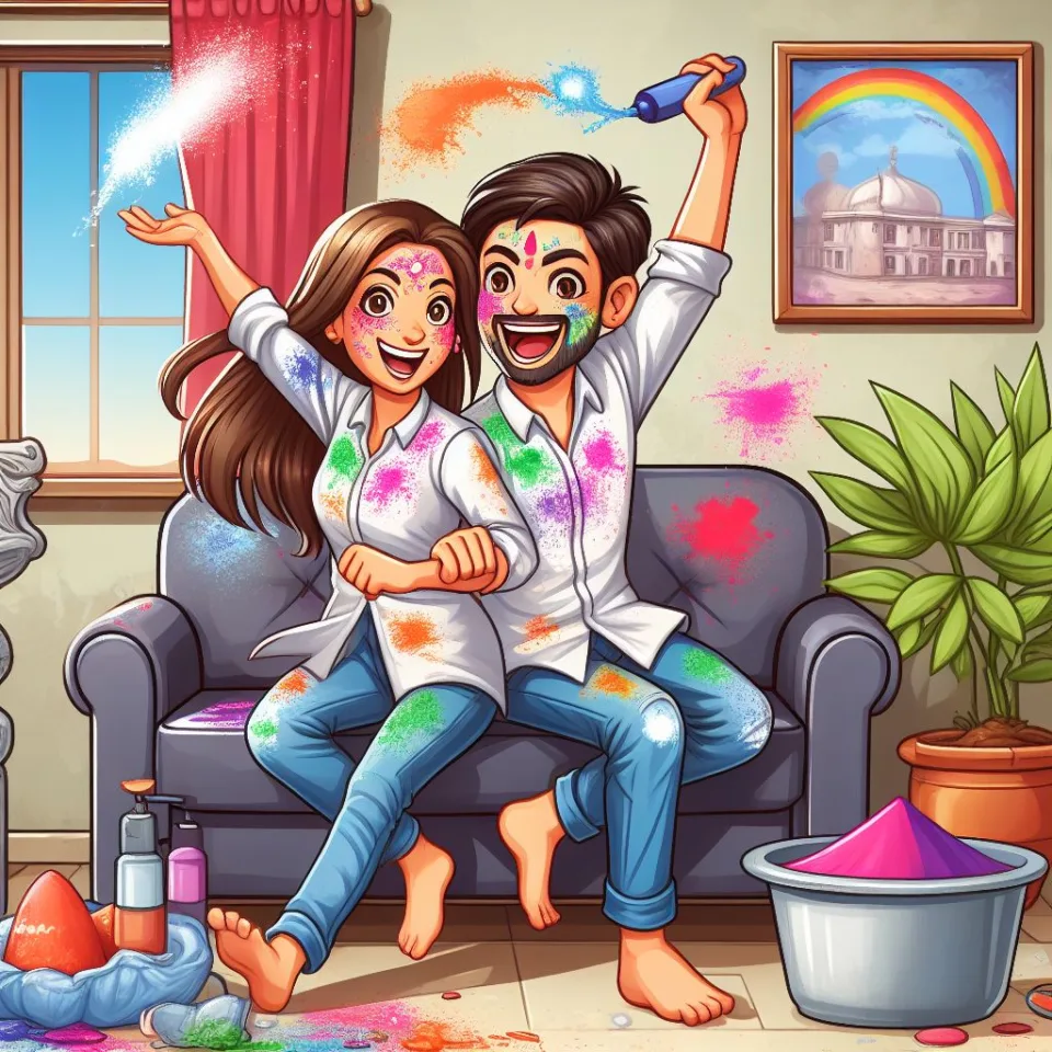 Happy holi HD images cute couple with colourfull enjoy with colour ()