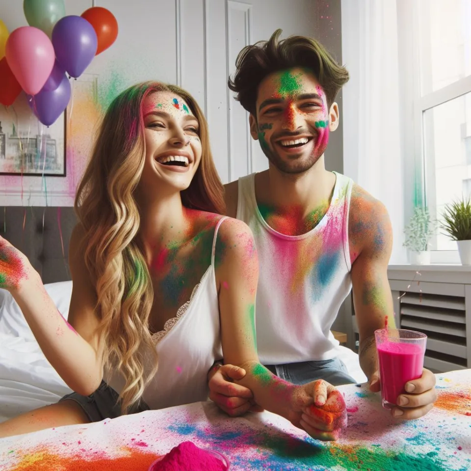 Happy holi HD images cute couple with colourfull enjoy with colour ()