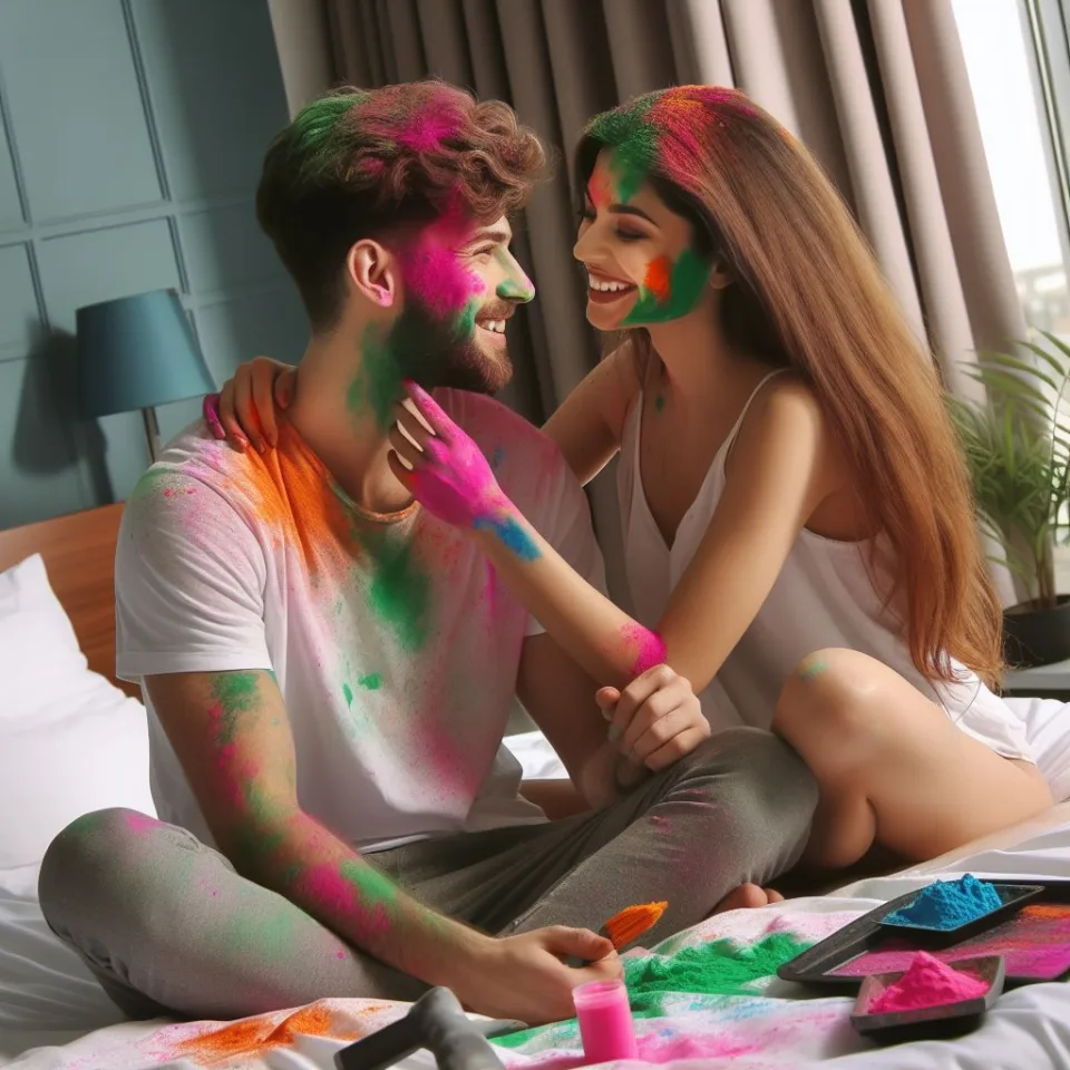 Happy holi HD images cute couple with colourfull enjoy with colour ()