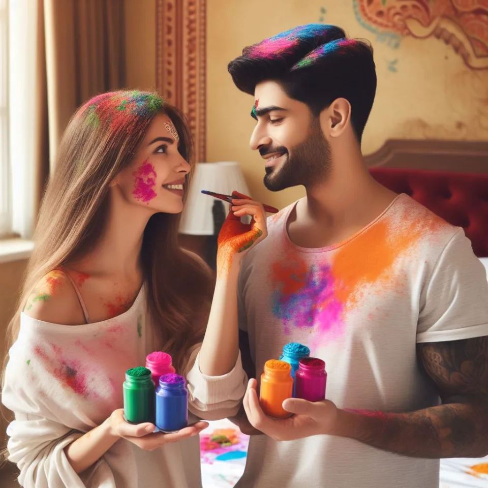 Happy holi HD images cute couple with colourfull enjoy with colour ()