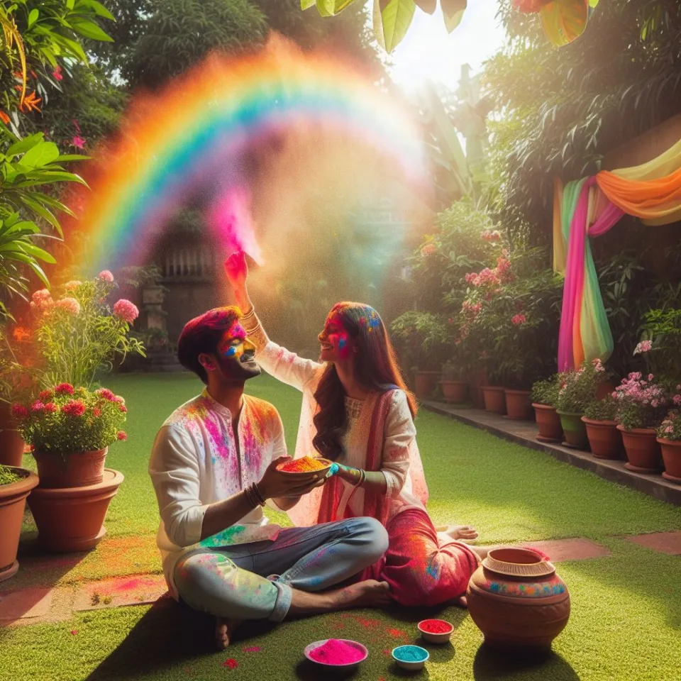 Happy holi HD images cute couple with colourfull enjoy with colour ()