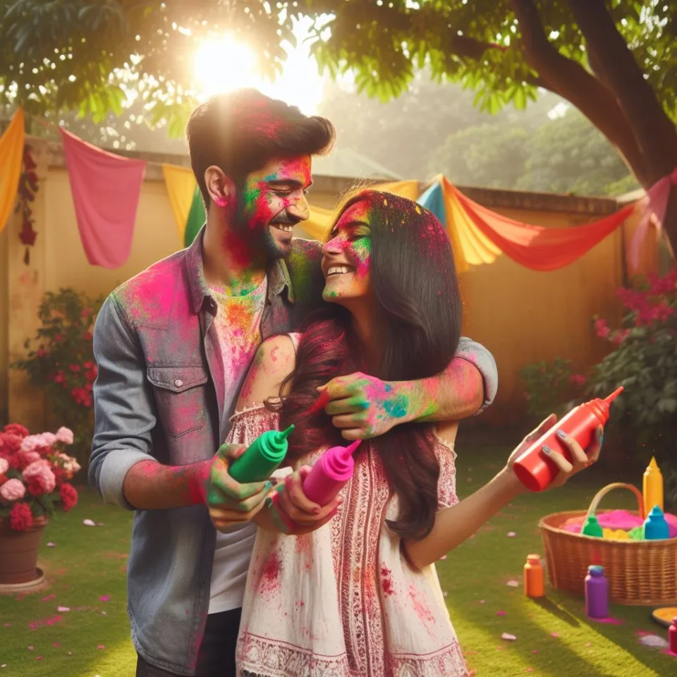 Happy holi HD images cute couple with colourfull enjoy with colour ()