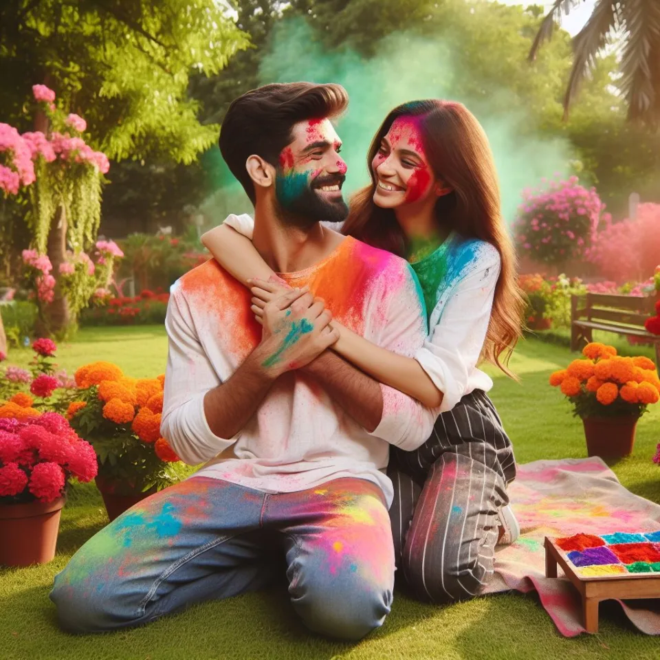 Happy holi HD images cute couple with colourfull enjoy with colour ()