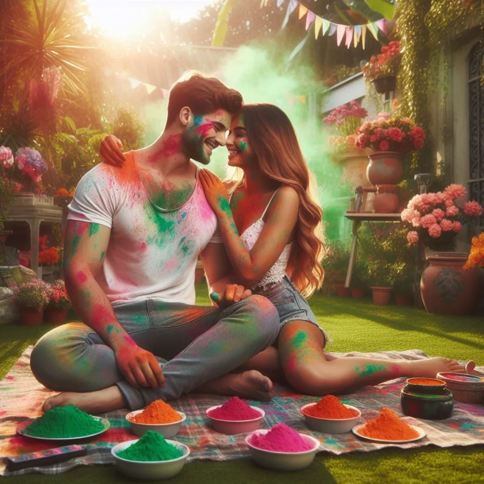 Happy holi HD images cute couple with colourfull enjoy with colour ()