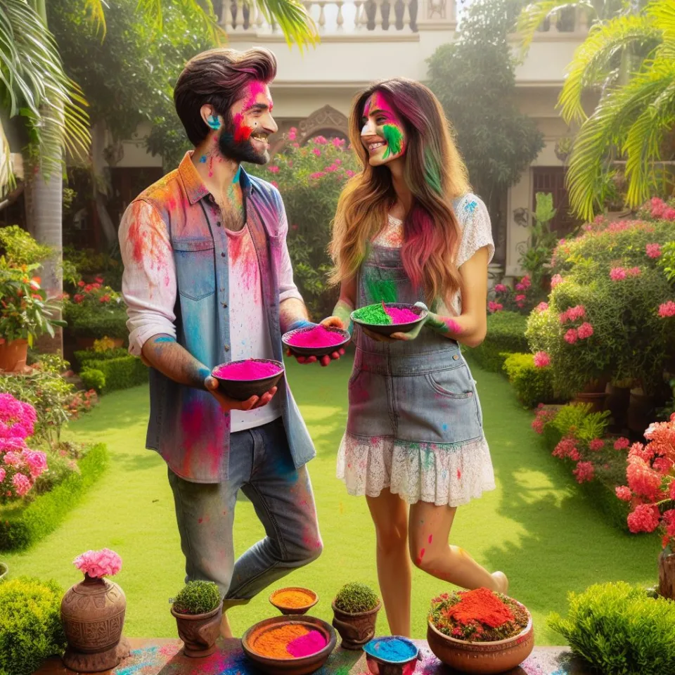 Happy holi HD images cute couple with colourfull enjoy with colour ()