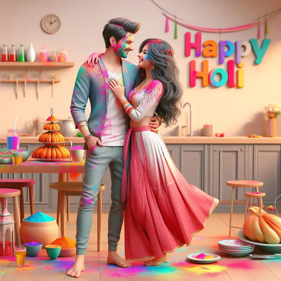 Happy holi HD images cute couple with colourfull enjoy with colour ()