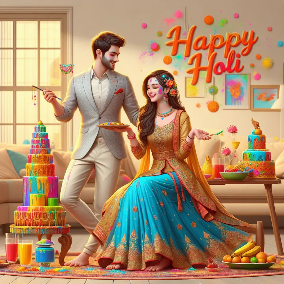 Happy holi HD images cute couple with colourfull enjoy with colour ()