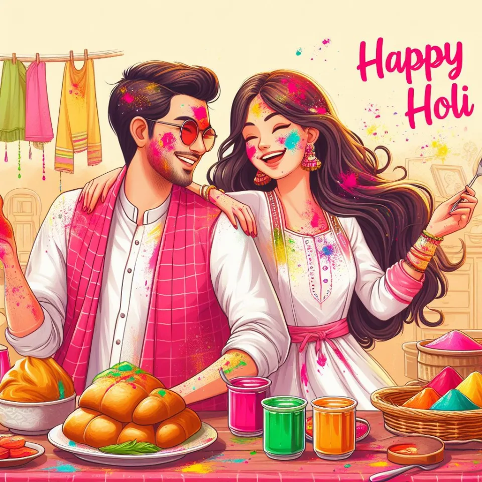 Happy holi HD images cute couple with colourfull enjoy with colour ()