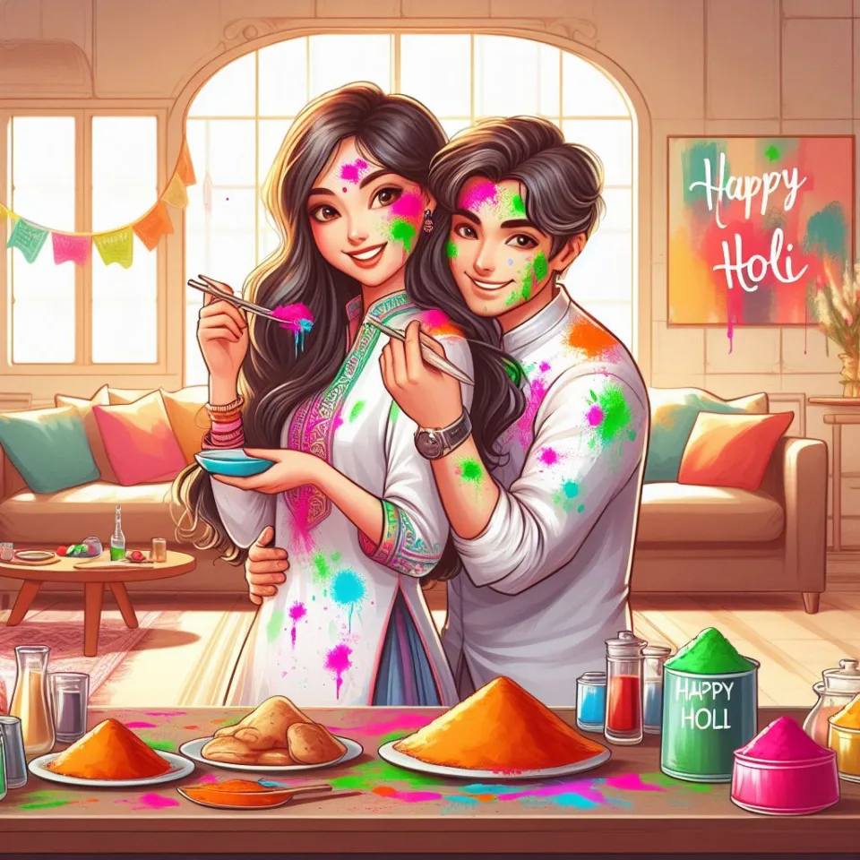 Happy holi HD images cute couple with colourfull enjoy with colour ()