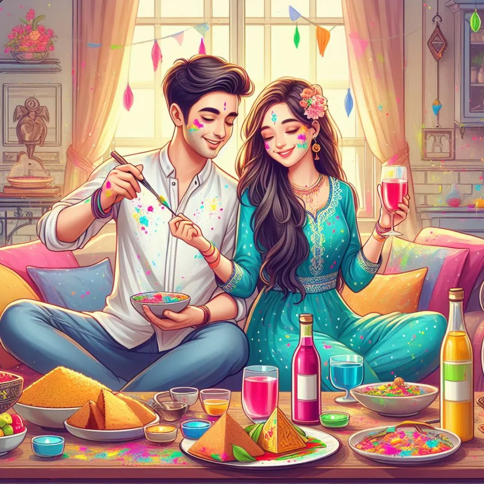 Happy holi HD images cute couple with colourfull enjoy with colour ()