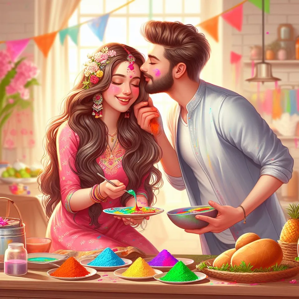 Happy holi HD images cute couple with colourfull enjoy with colour ()