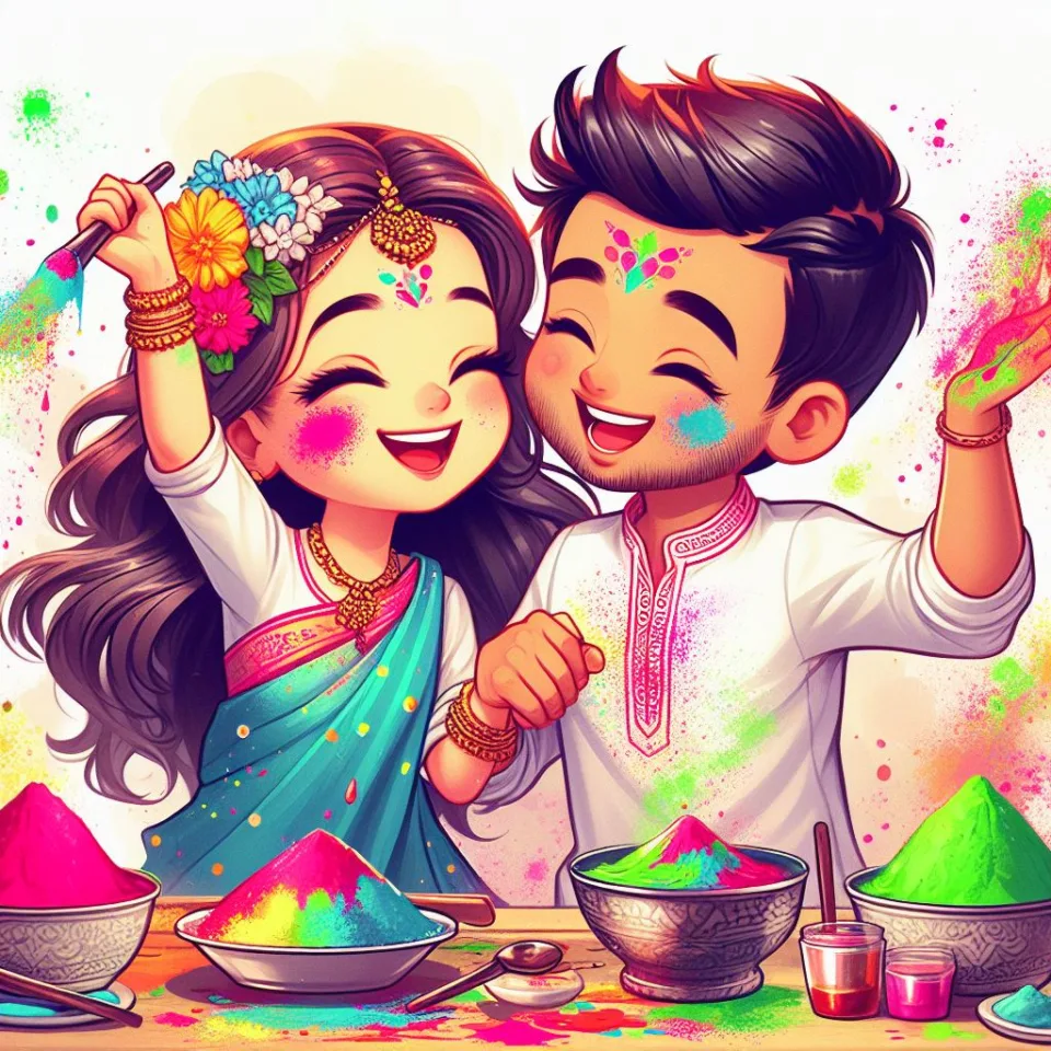 Happy holi HD images cute couple with colourfull enjoy with colour ()