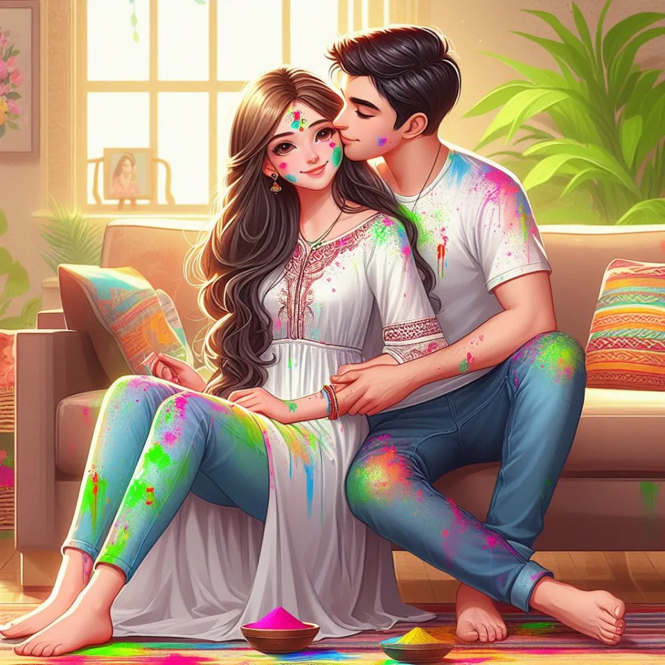 Happy holi HD images cute couple with colourfull enjoy with colour ()