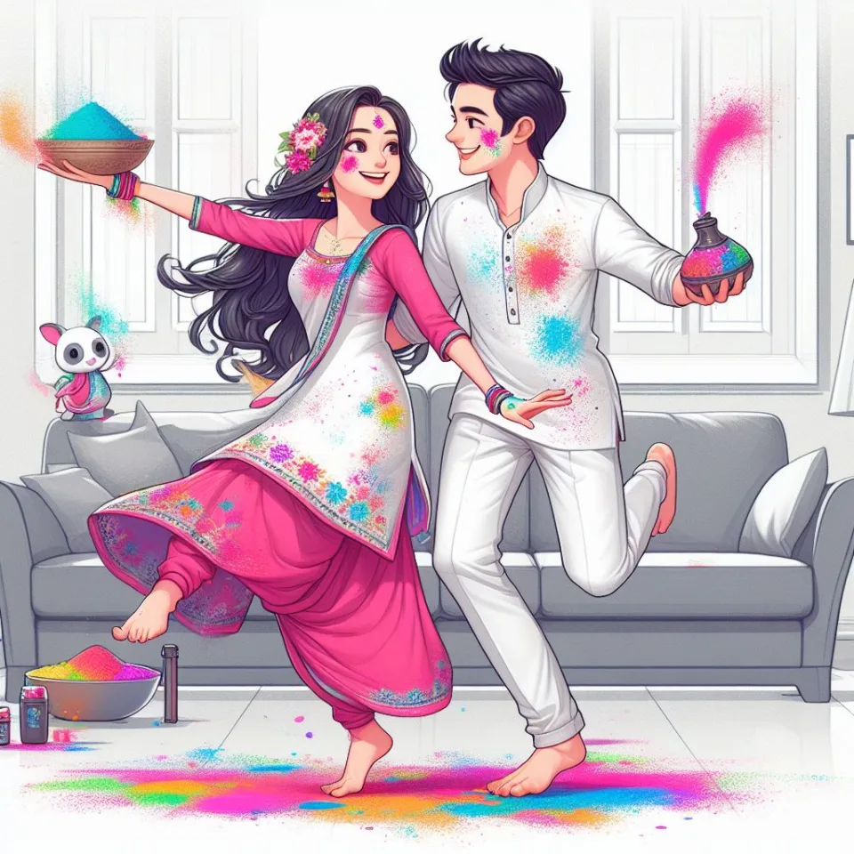 Happy holi HD images cute couple with colourfull enjoy with colour ()