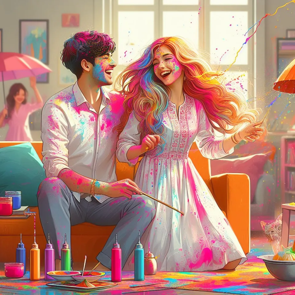 Happy holi HD images cute couple with colourfull enjoy with colour ()