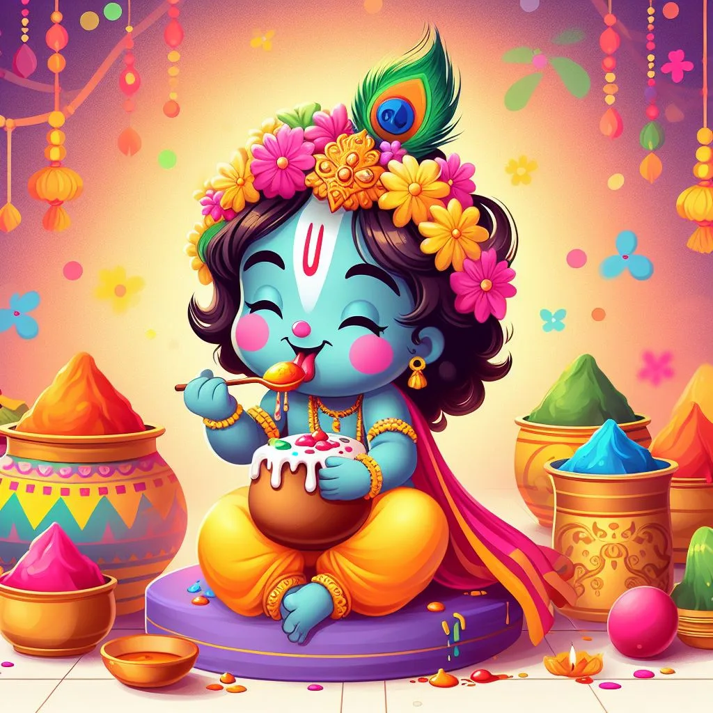 Happy holi images with colourful vibes with boy krishan boy cartoon images ()