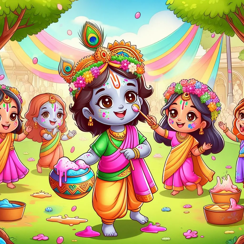 Happy holi images with colourful vibes with boy krishan boy cartoon images ()