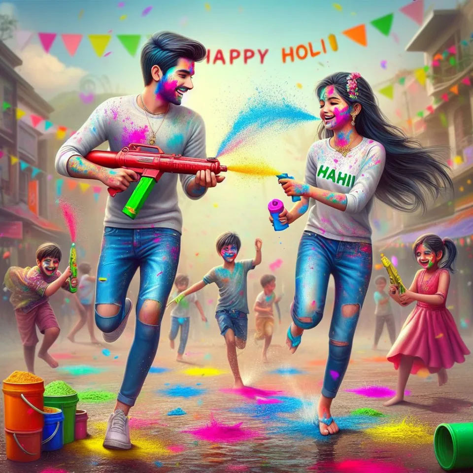 realistic-3D-22-year-old-couple-playing-the-Indian-festival-Holi-with-coloured-powder-water-guns-filled-with-colour-mixed-water.-happy-holi-images-105-960x960 150 Happy Holi Images Free Download