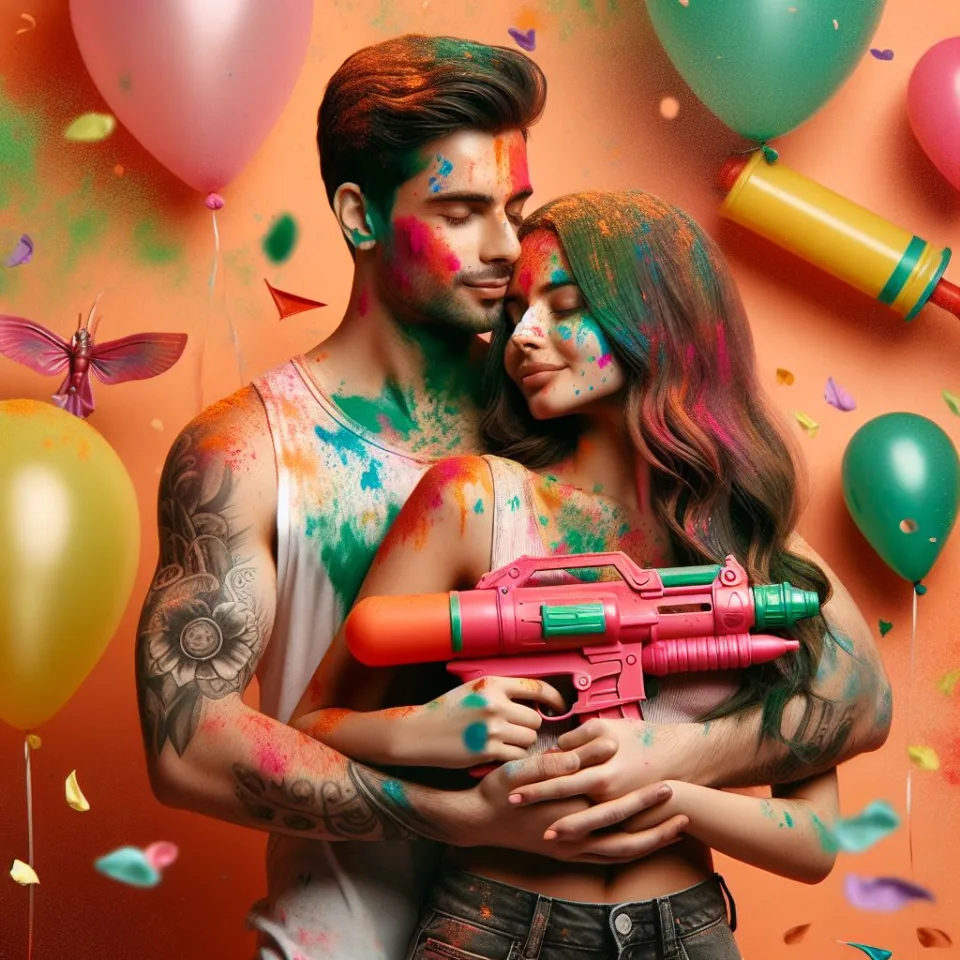 realistic-3D-22-year-old-couple-playing-the-Indian-festival-Holi-with-coloured-powder-water-guns-filled-with-colour-mixed-water.-happy-holi-images-114-960x960 150 Happy Holi Images Free Download