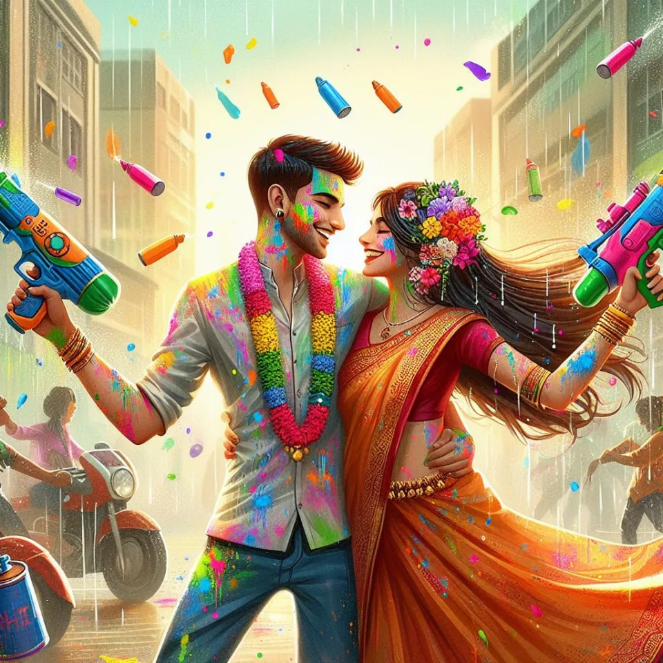 realistic-3D-22-year-old-couple-playing-the-Indian-festival-Holi-with-coloured-powder-water-guns-filled-with-colour-mixed-water.-happy-holi-images-115-960x960 150 Happy Holi Images Free Download