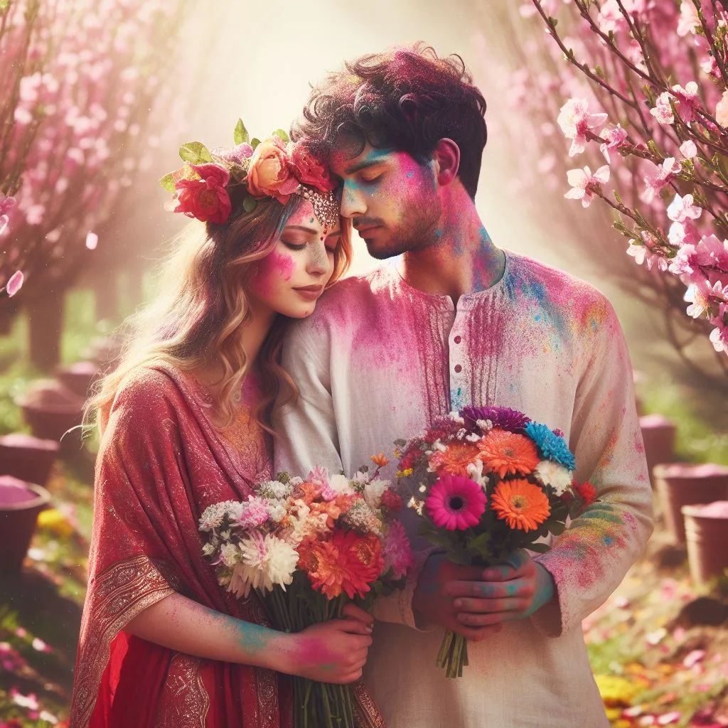 realistic D year old couple playing the Indian festival Holi with coloured powder water guns filled with colour mixed water happy holi images ()