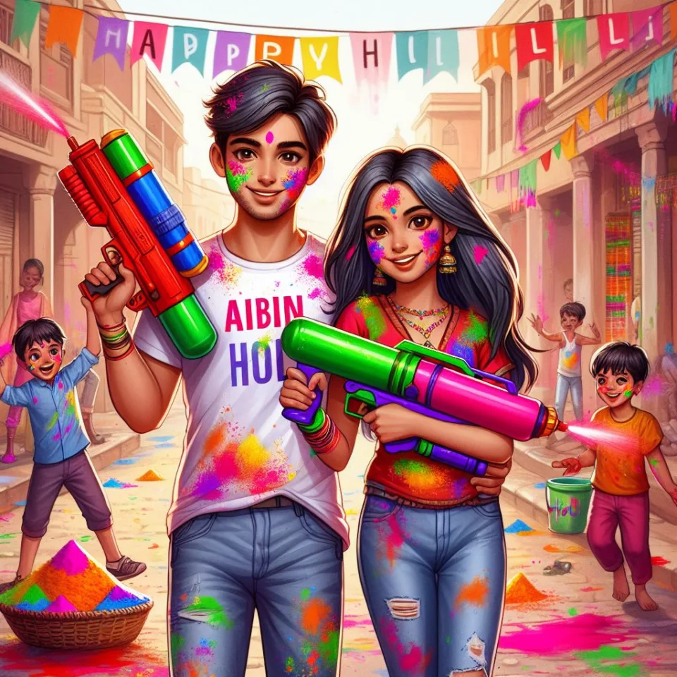 realistic-3D-22-year-old-couple-playing-the-Indian-festival-Holi-with-coloured-powder-water-guns-filled-with-colour-mixed-water.-happy-holi-images-83-960x960 150 Happy Holi Images Free Download