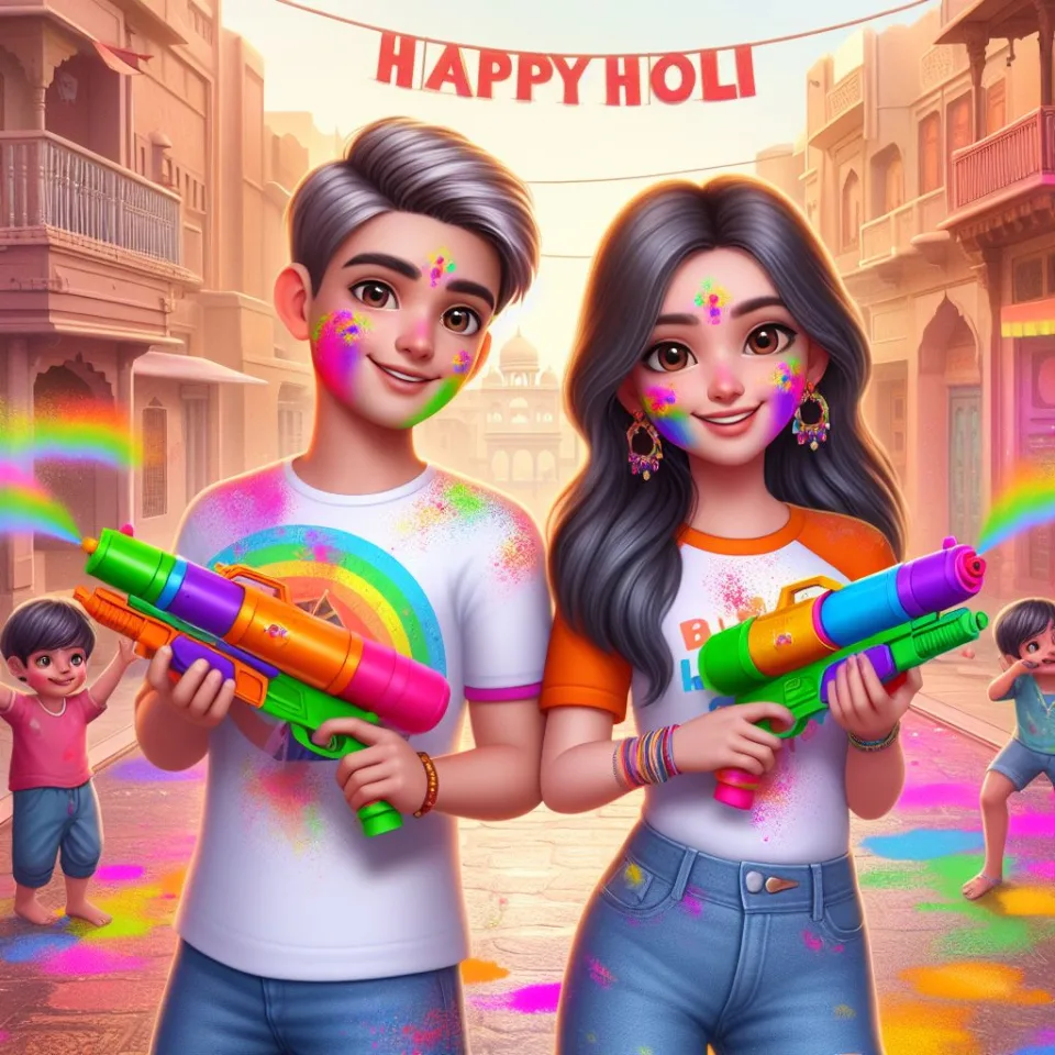 realistic-3D-22-year-old-couple-playing-the-Indian-festival-Holi-with-coloured-powder-water-guns-filled-with-colour-mixed-water.-happy-holi-images-97-960x960 150 Happy Holi Images Free Download