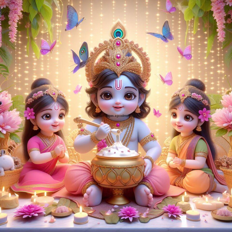 Lord Krishna Images & HD Krishna Photos Jai Shree Krishna Images Status d cute krishna seating playing flute eating button with butterfly ()