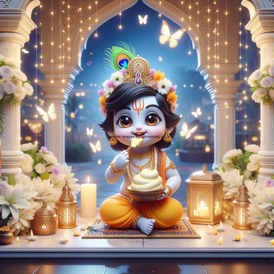 Lord Krishna Images & HD Krishna Photos Jai Shree Krishna Images Status d cute krishna seating playing flute eating button with butterfly ()