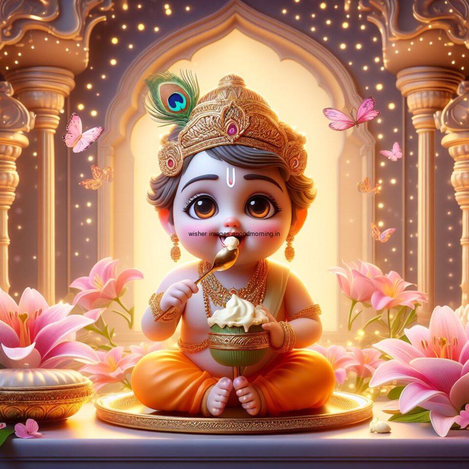 Lord Krishna Images & HD Krishna Photos Jai Shree Krishna Images Status d cute krishna seating playing flute eating button with butterfly ()