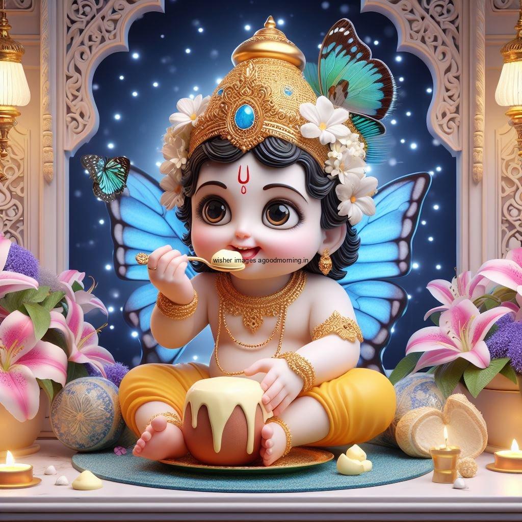 Lord Krishna Images & HD Krishna Photos Jai Shree Krishna Images Status d cute krishna seating playing flute eating button with butterfly ()