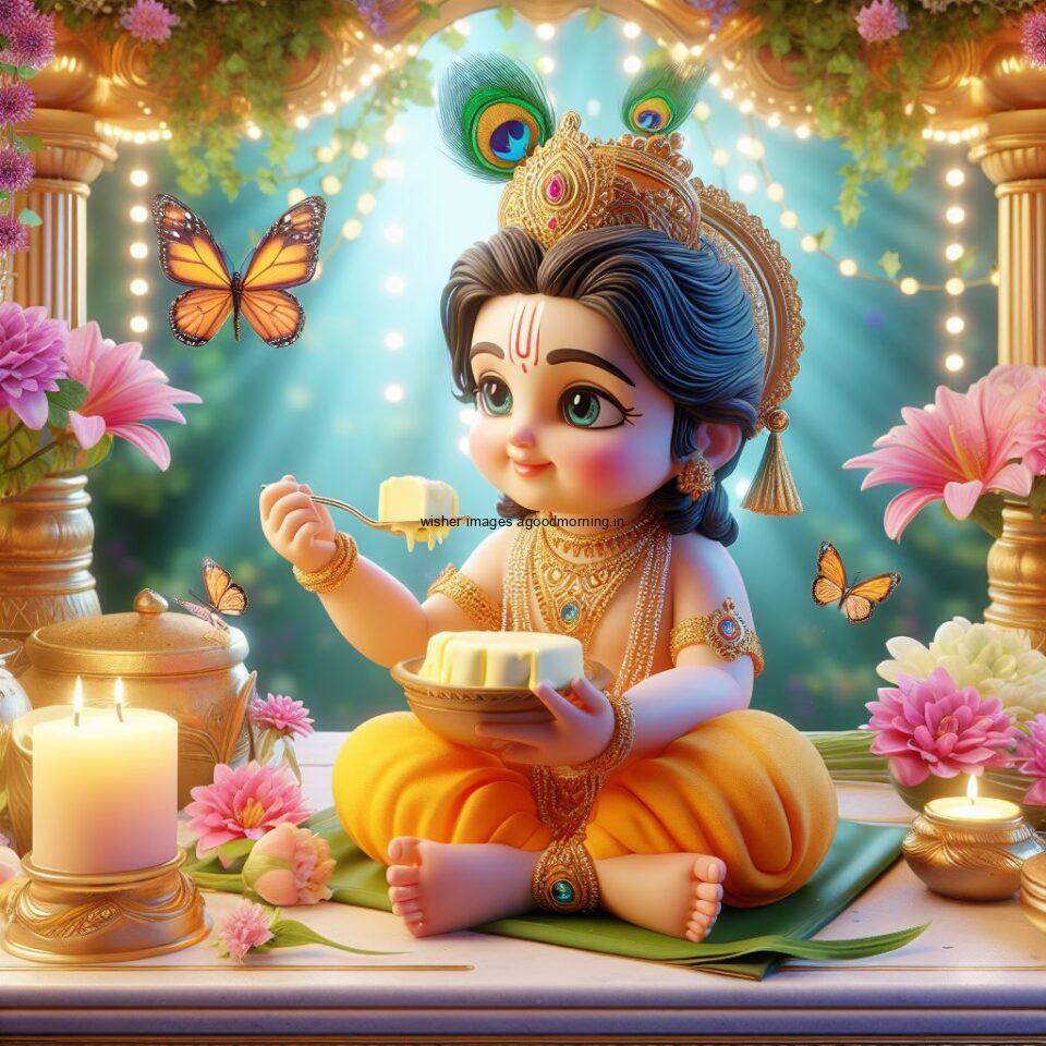 Lord Krishna Images & HD Krishna Photos Jai Shree Krishna Images Status d cute krishna seating playing flute eating button with butterfly ()