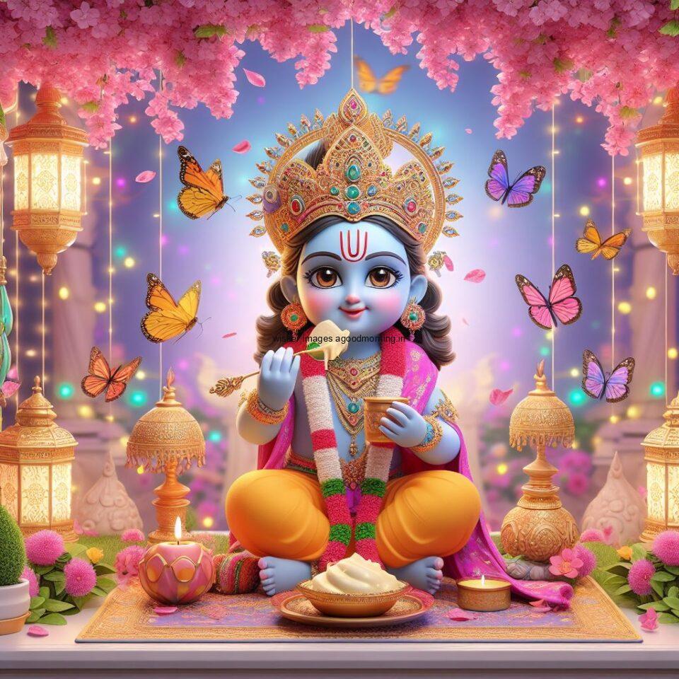 Lord Krishna Images & HD Krishna Photos Jai Shree Krishna Images Status d cute krishna seating playing flute eating button with butterfly ()