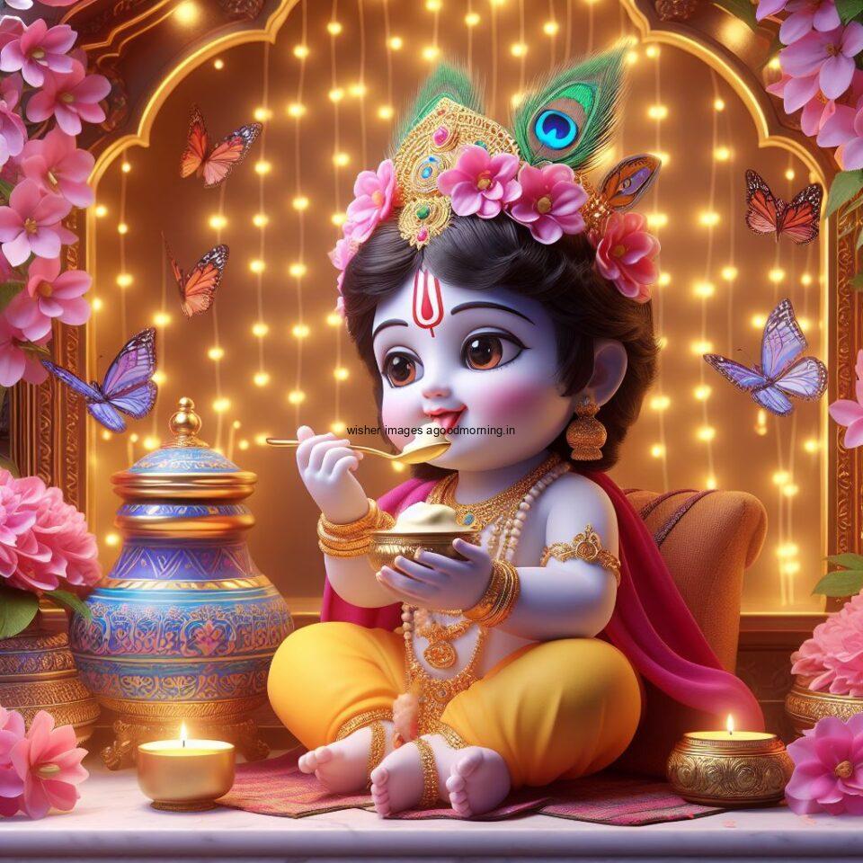 Lord Krishna Images & HD Krishna Photos Jai Shree Krishna Images Status d cute krishna seating playing flute eating button with butterfly ()