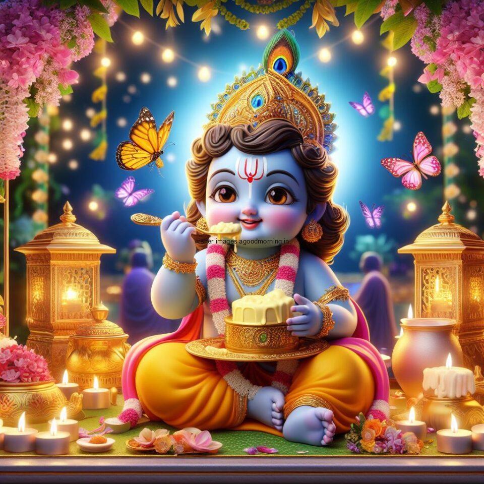 Lord Krishna Images & HD Krishna Photos Jai Shree Krishna Images Status d cute krishna seating playing flute eating button with butterfly ()