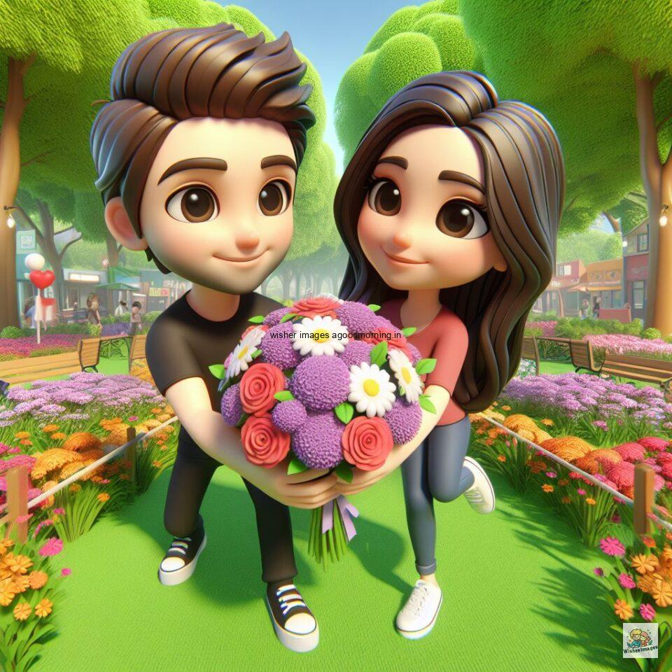 couple love images couple parpose in the middle in the park with flowers d cartoon with love vibes like a Caricature face ()