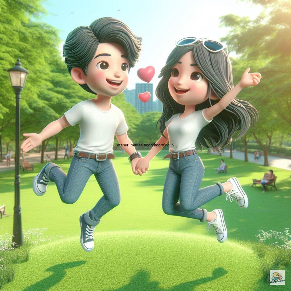 couple love images couple parpose in the middle in the park with flowers d cartoon with love vibes like a Caricature face ()