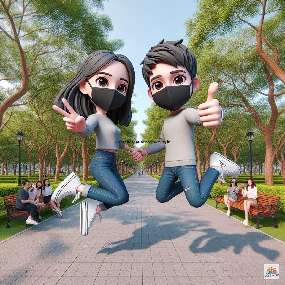 couple love images couple parpose in the middle in the park with flowers d cartoon with love vibes like a Caricature face ()