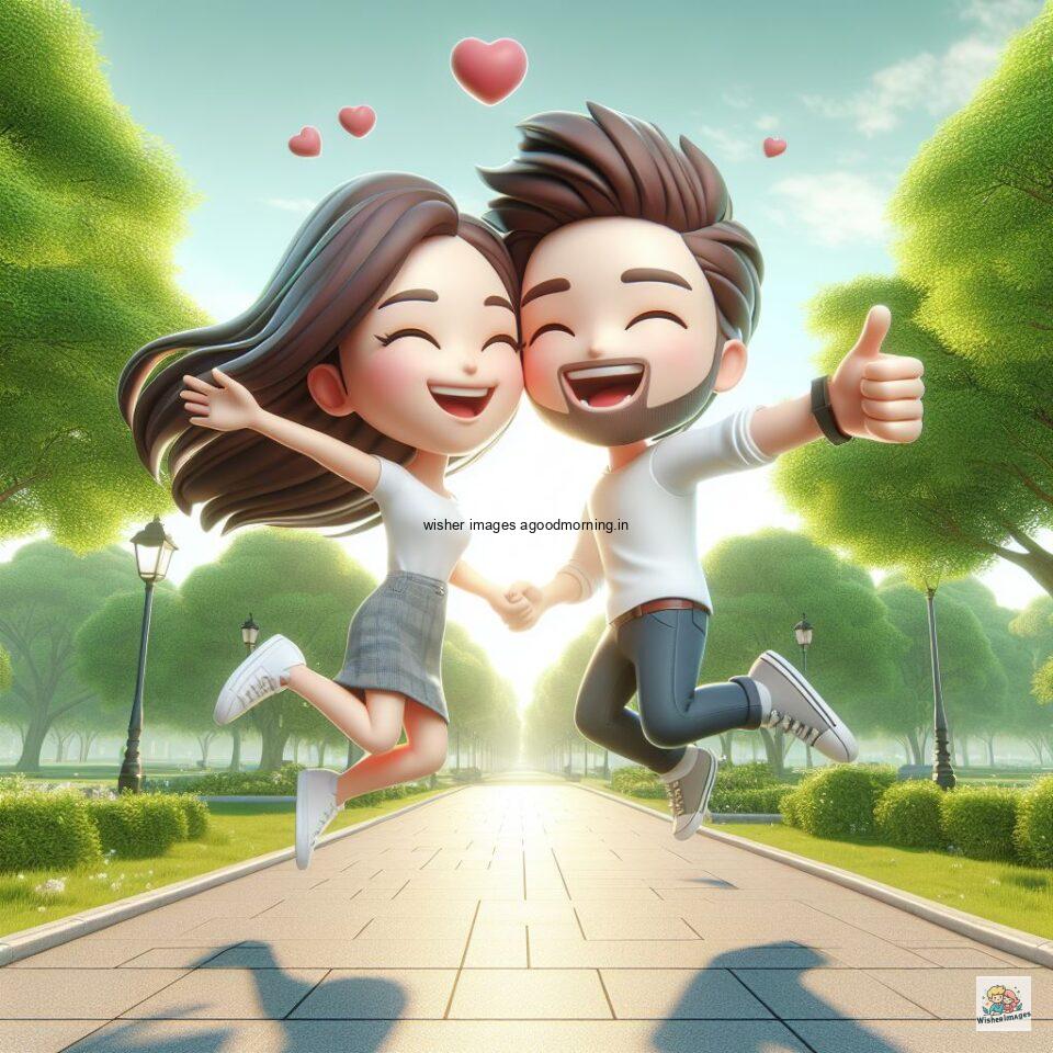 couple love images couple parpose in the middle in the park with flowers d cartoon with love vibes like a Caricature face ()