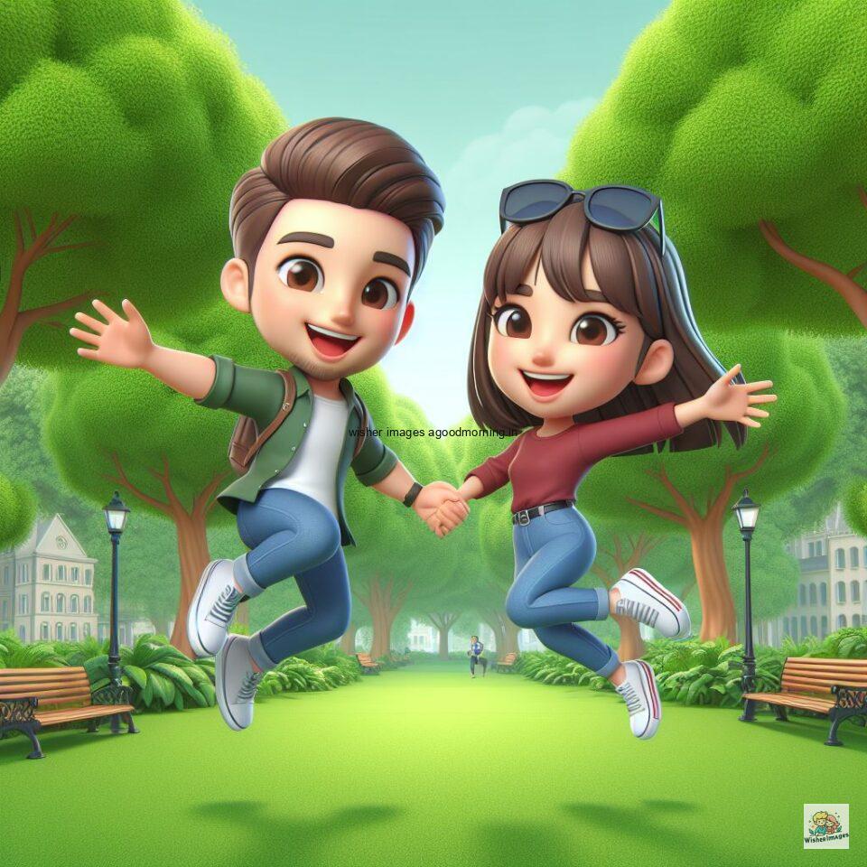 couple love images couple parpose in the middle in the park with flowers d cartoon with love vibes like a Caricature face ()