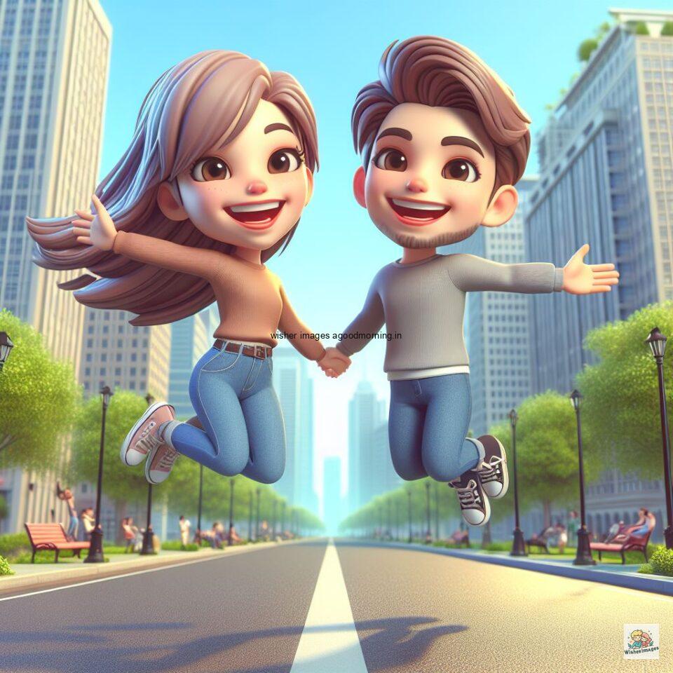 couple love images couple parpose in the middle in the park with flowers d cartoon with love vibes like a Caricature face ()