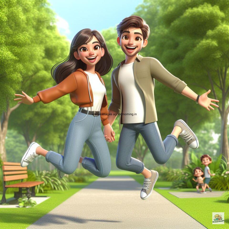 couple love images couple parpose in the middle in the park with flowers d cartoon with love vibes like a Caricature face ()