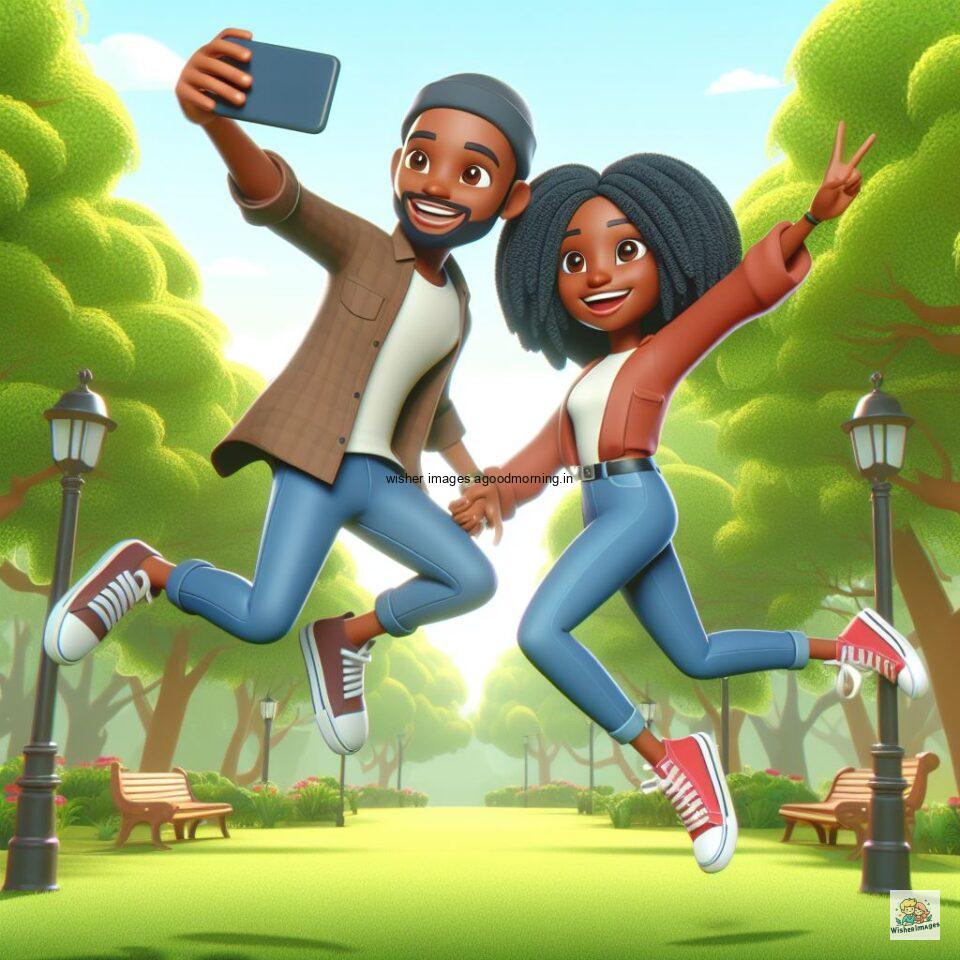 couple love images couple parpose in the middle in the park with flowers d cartoon with love vibes like a Caricature face ()