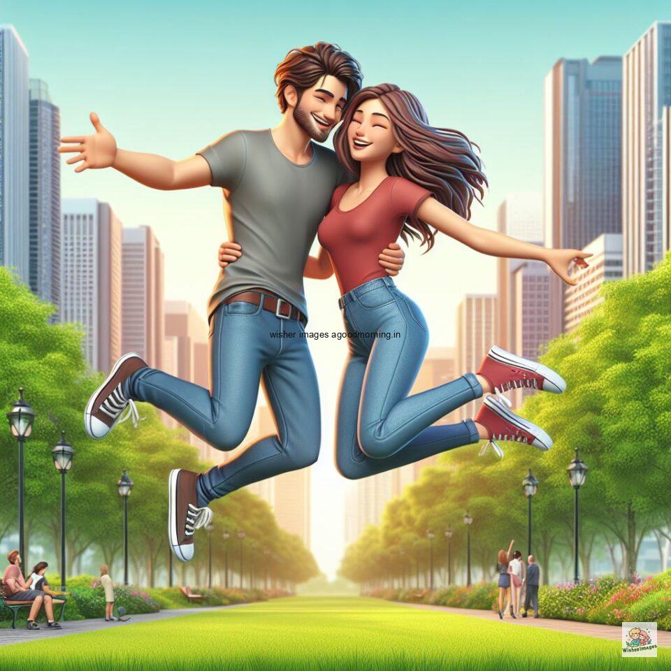 couple love images couple parpose in the middle in the park with flowers d cartoon with love vibes like a Caricature face ()