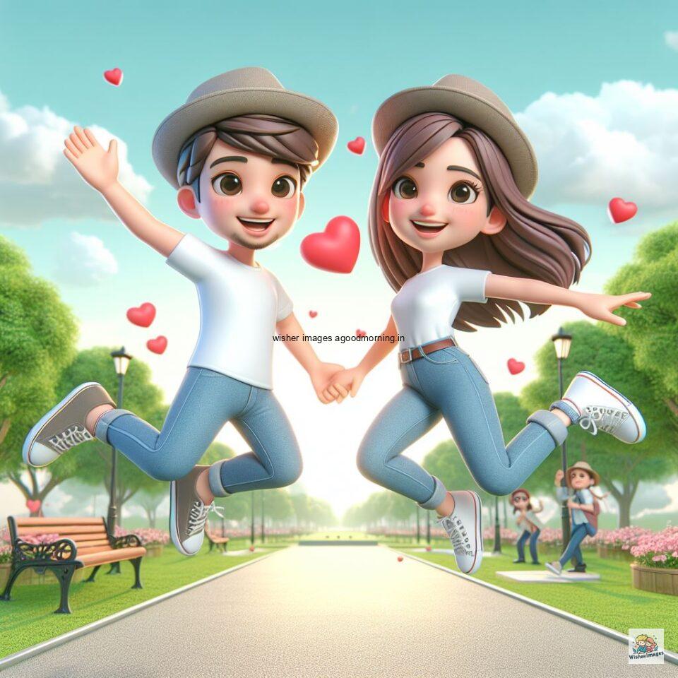 couple love images couple parpose in the middle in the park with flowers d cartoon with love vibes like a Caricature face ()