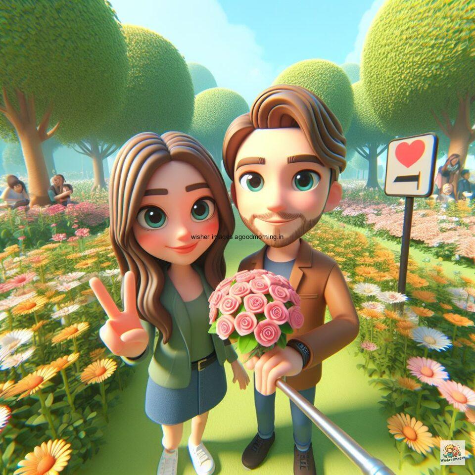 couple love images couple parpose in the middle in the park with flowers d cartoon with love vibes like a Caricature face ()