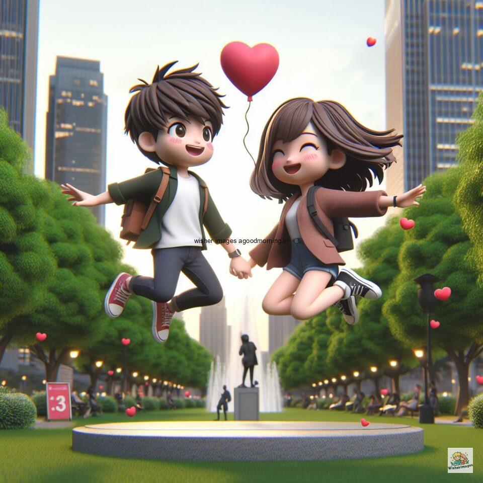 couple love images couple parpose in the middle in the park with flowers d cartoon with love vibes like a Caricature face ()