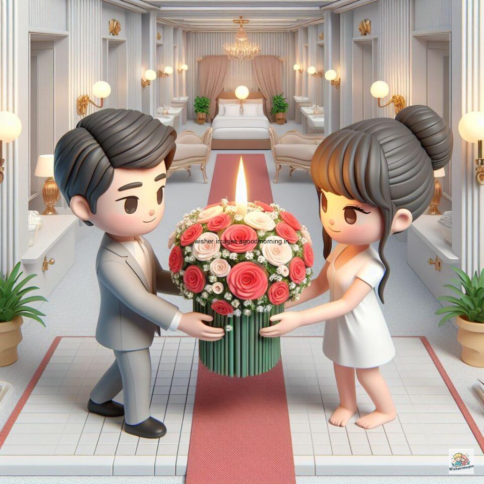 couple love images couple parpose in the middle in the park with flowers d cartoon with love vibes like a Caricature face ()