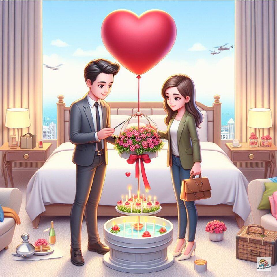 couple love images couple parpose in the middle in the park with flowers d cartoon with love vibes like a Caricature face ()