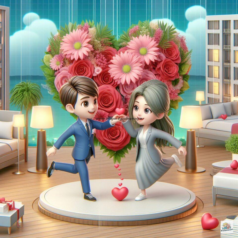 couple love images couple parpose in the middle in the park with flowers d cartoon with love vibes like a Caricature face ()